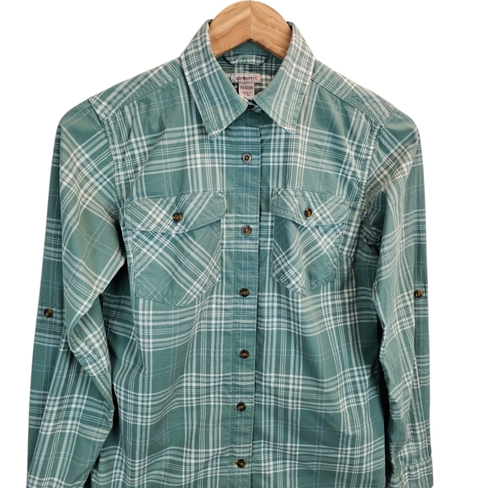 Carhartt Women's Rugged Flex Slightly Fitted Long Sleeve Plaid Shirt Sz XS Green - Picture 7 of 14